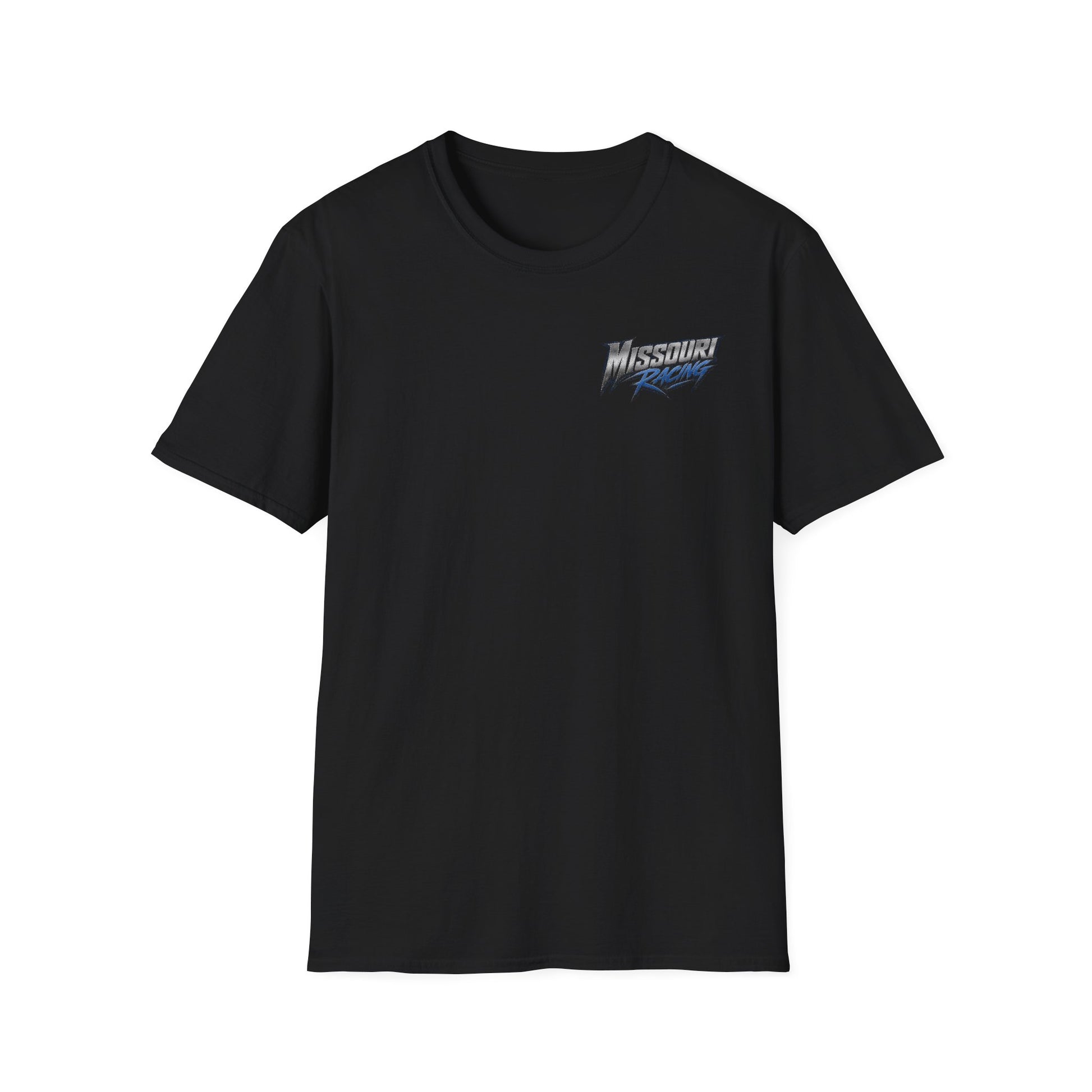 Black t-shirt with a white logo on a white background