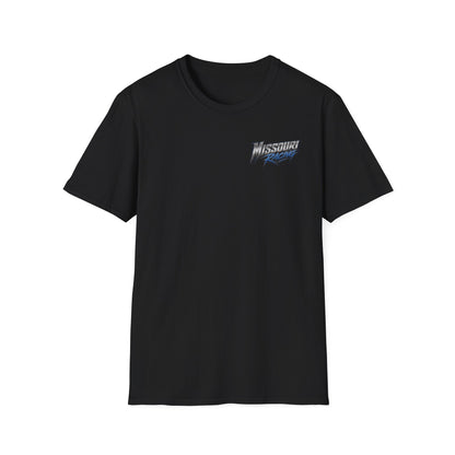Black t-shirt with a white logo on a white background