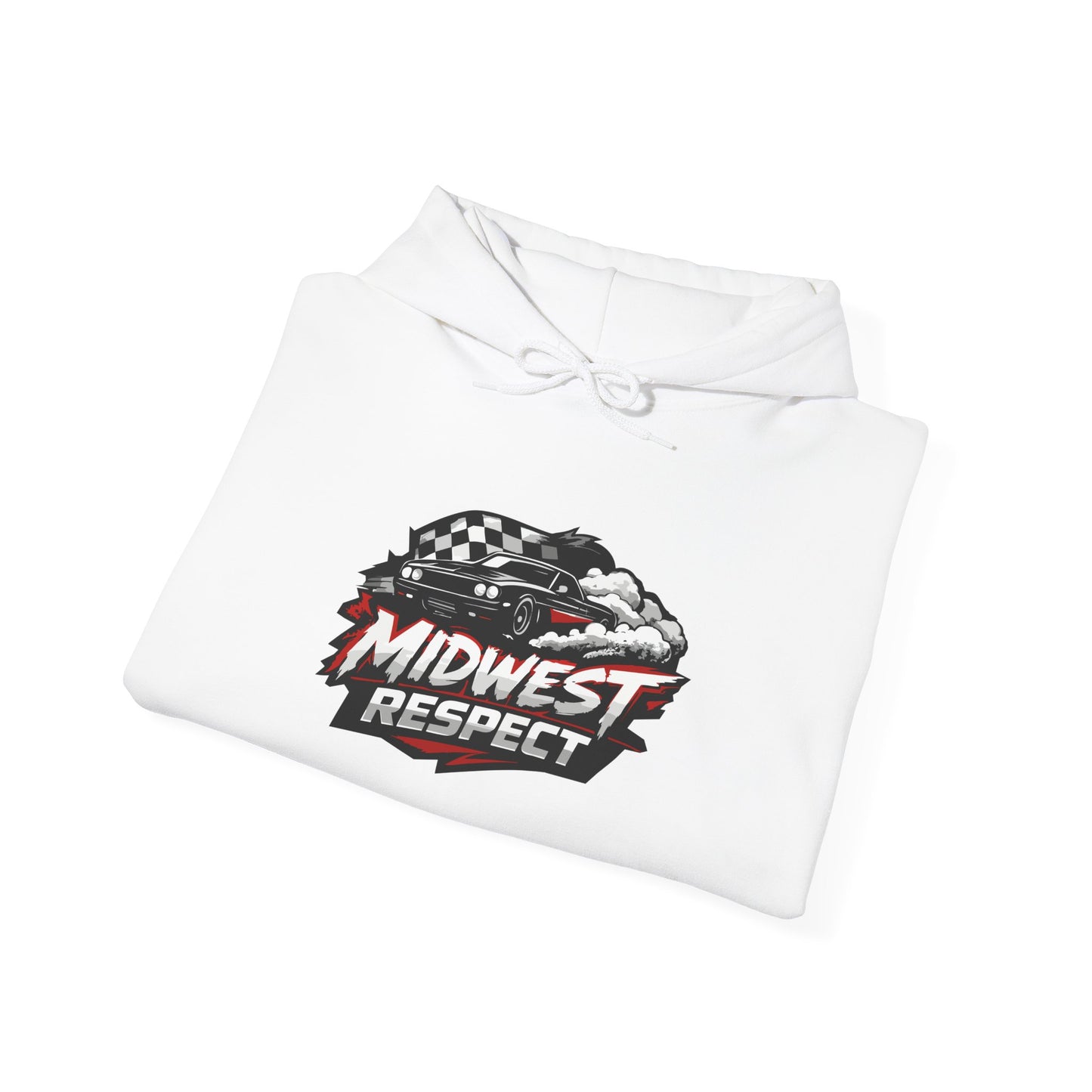 White folded hoodie with 'Midwest Respect' muscle car graphic on a white background