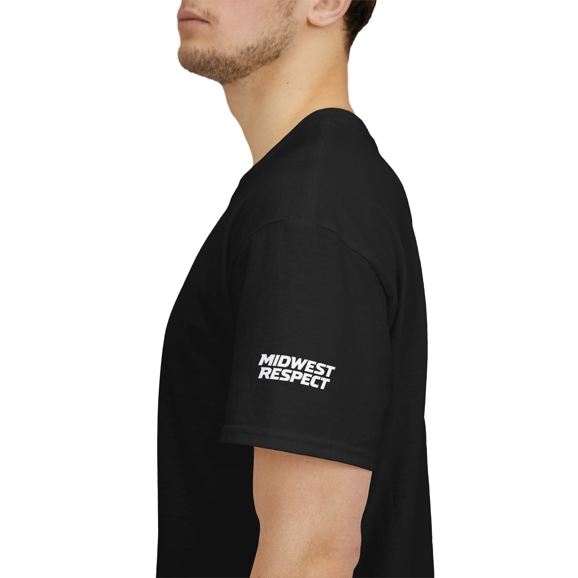 Person wearing a black t-shirt with Midwest Respect logo on a white background