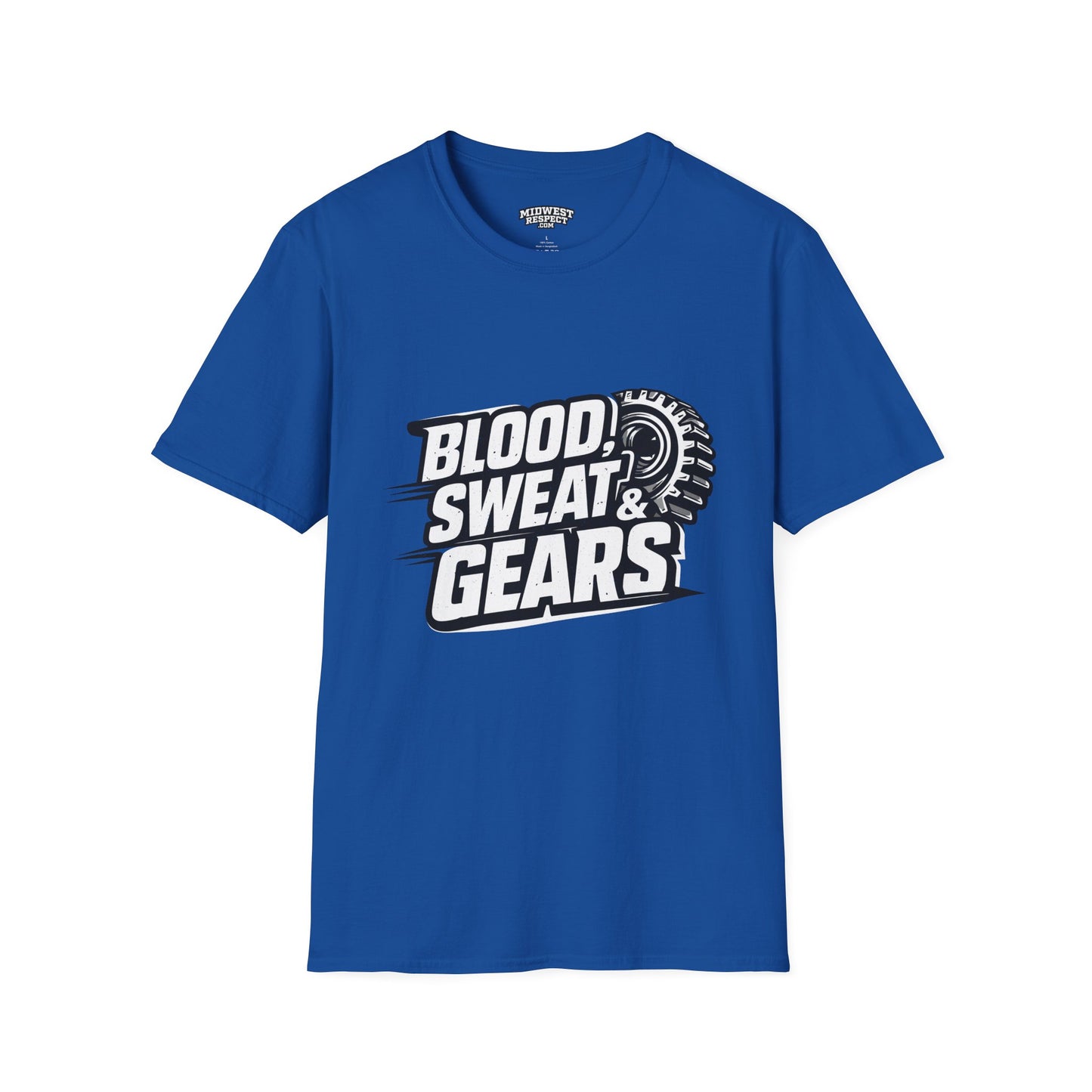 Blue t-shirt with 'Blood, Sweat & Gears' text and graphic on a white background