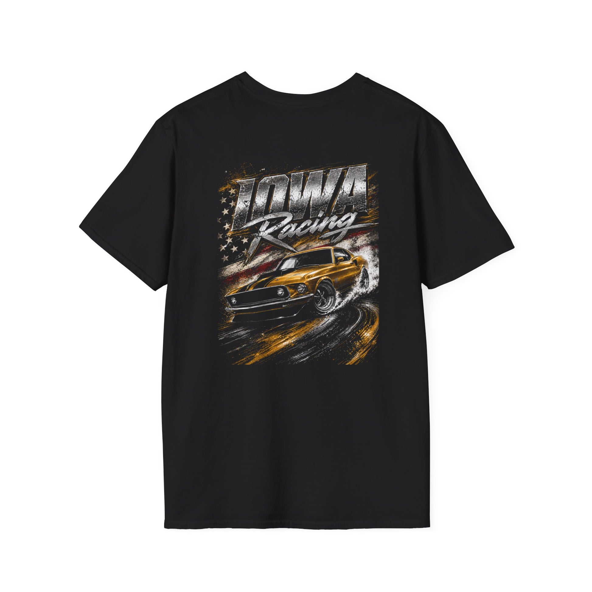 A black short-sleeve t-shirt with a large graphic print on the front featuring the text 'IOWA Racing' and a yellow race car drifting on a track, set against a plain white background.