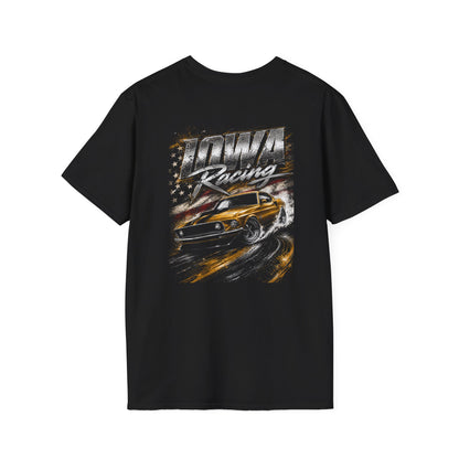 A black short-sleeve t-shirt with a large graphic print on the front featuring the text 'IOWA Racing' and a yellow race car drifting on a track, set against a plain white background.