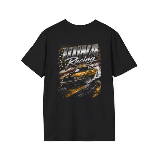 A black short-sleeve t-shirt with a large graphic print on the front featuring the text 'IOWA Racing' and a yellow race car drifting on a track, set against a plain white background.