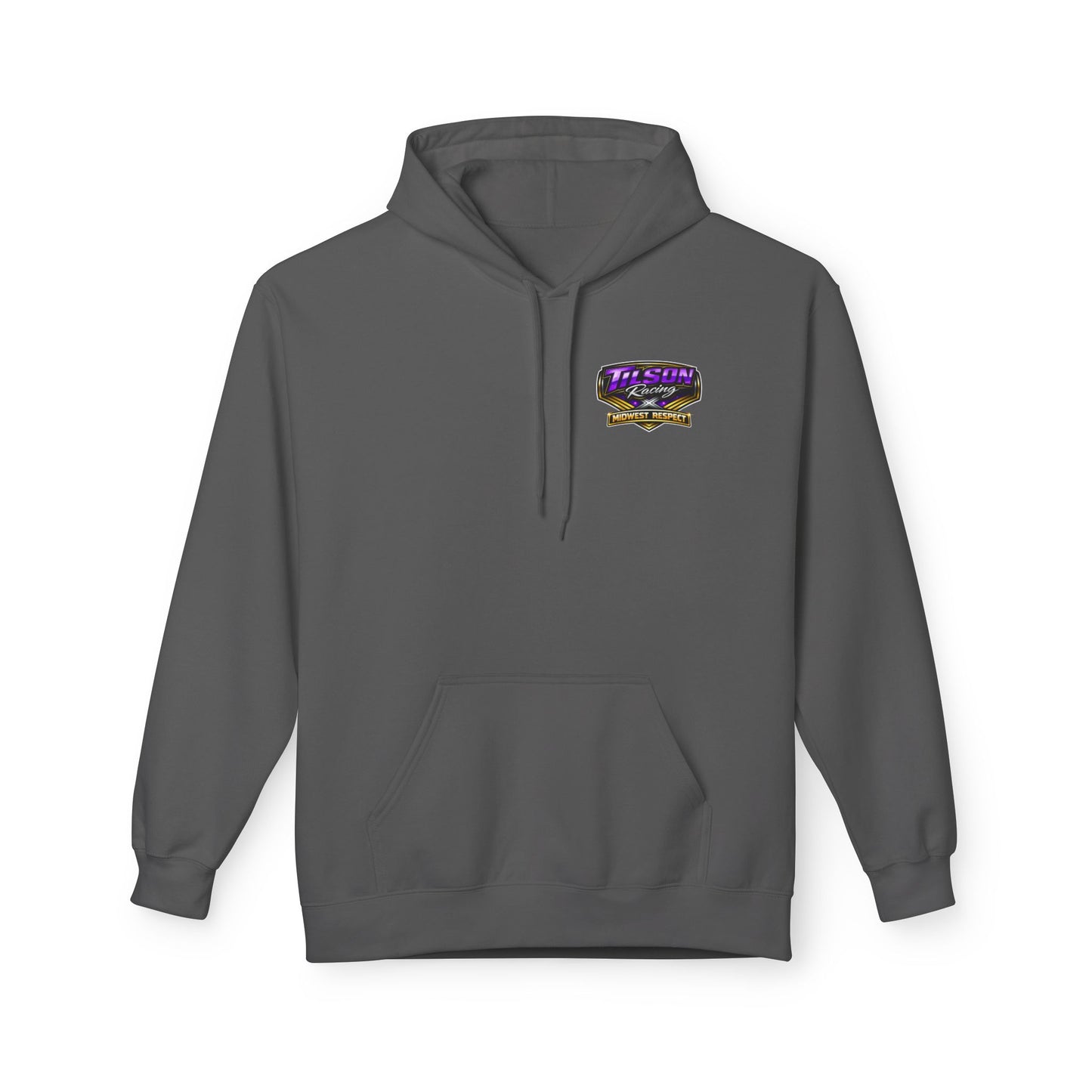 Gray hoodie with a logo on the chest against a white background