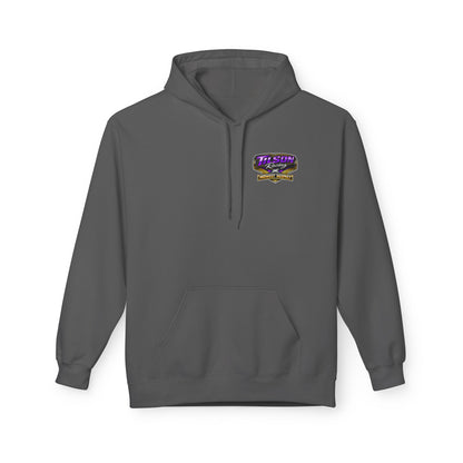 Gray hoodie with a logo on the chest against a white background
