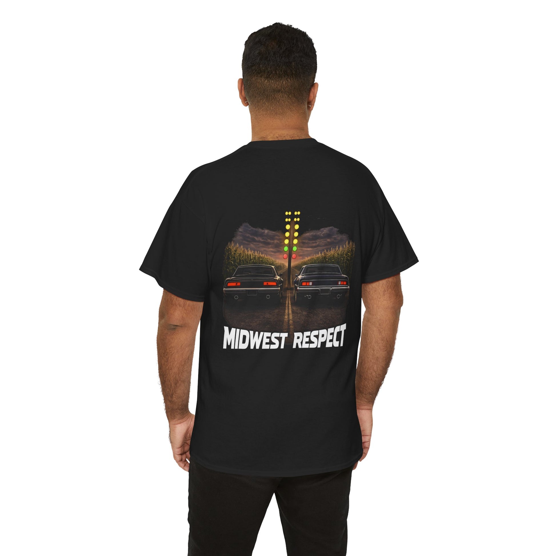 Person wearing a black t-shirt with a graphic design and 'Midwest Respect' text on the back.