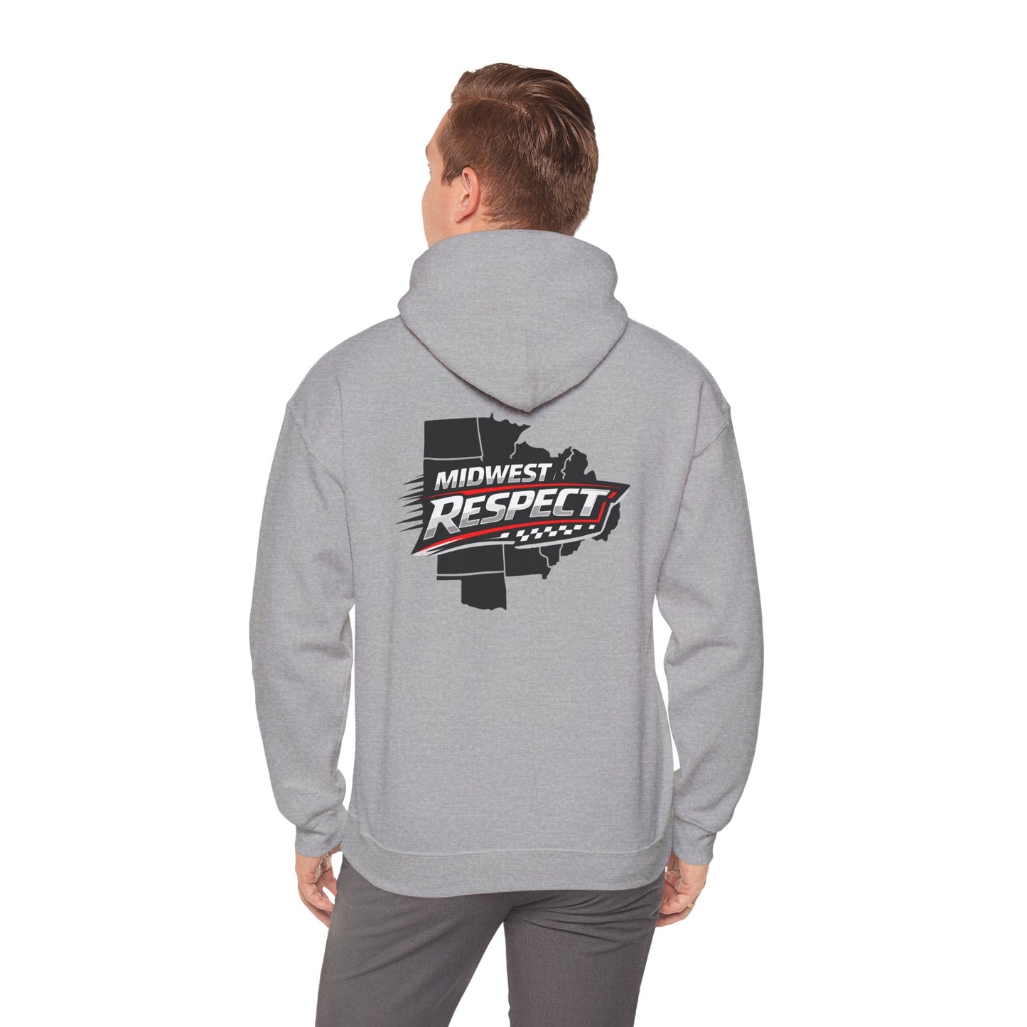 Person wearing a gray hoodie with 'Midwest Respect' logo on the back against a white background