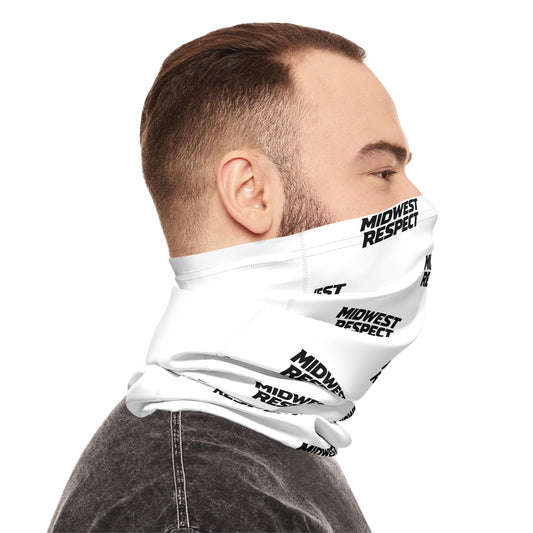 Man wearing a white neck gaiter with 'Midwest Respect' text on a white background