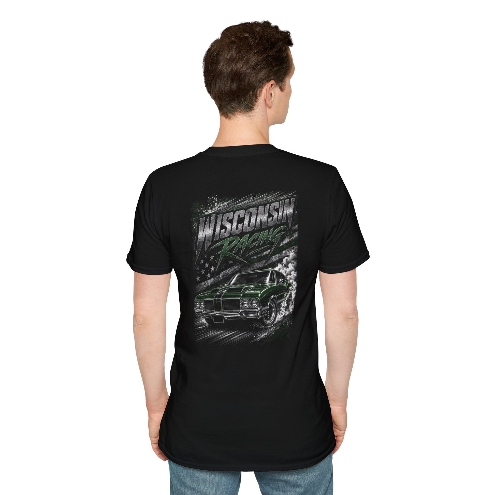A man viewed from the back wearing a black short-sleeve t-shirt with a large 'Wisconsin Racing' graphic on the back, featuring a green classic race car and a distressed American flag design.
