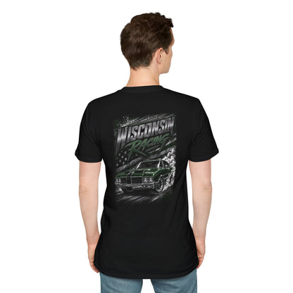 A man viewed from the back wearing a black short-sleeve t-shirt with a large 'Wisconsin Racing' graphic on the back, featuring a green classic race car and a distressed American flag design.
