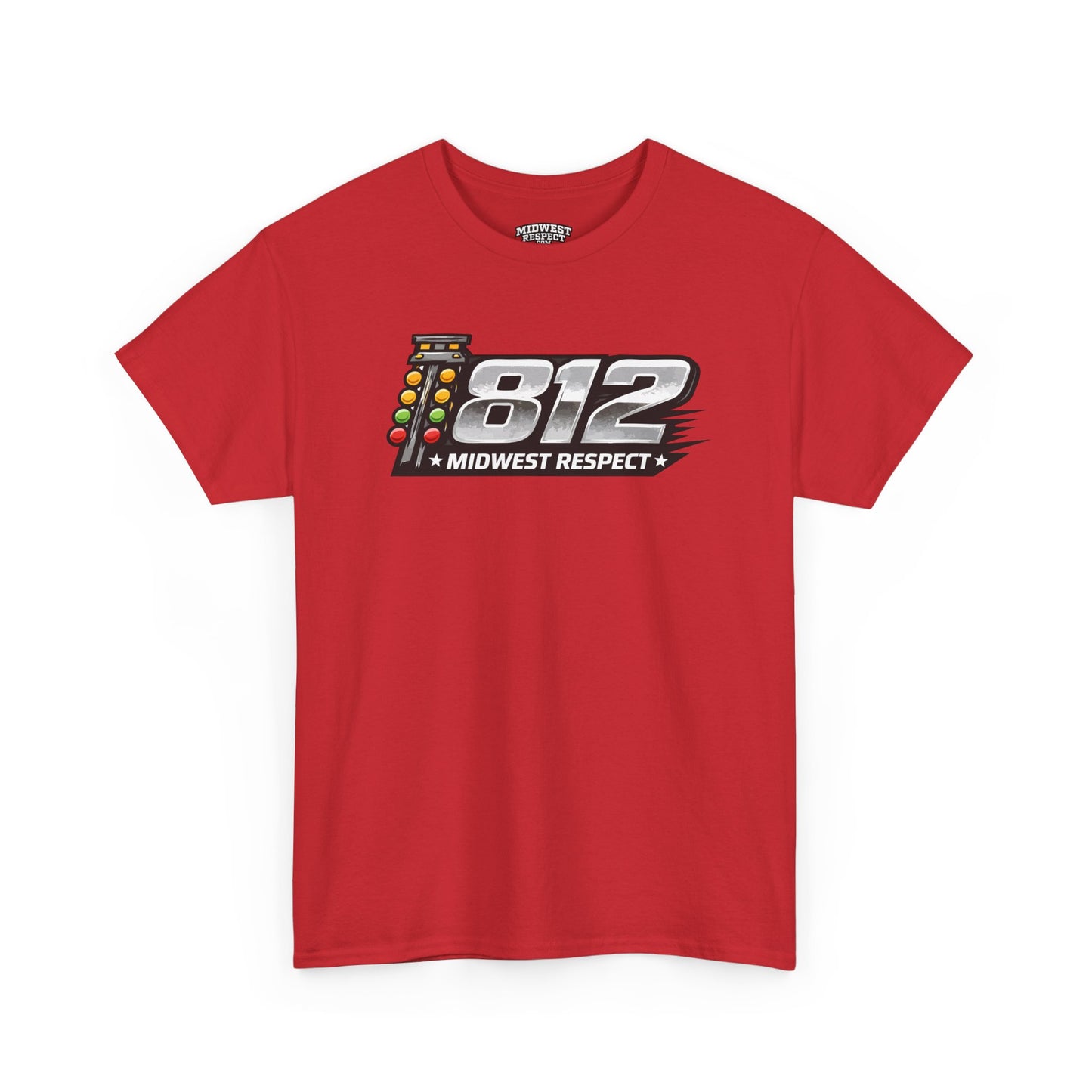 Red t-shirt with '812 Midwest Respect' graphic on a white background