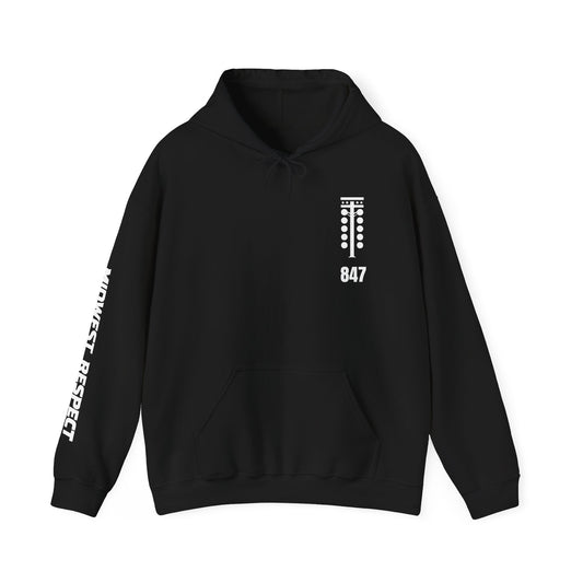 Black hoodie with white text and logo on a white background