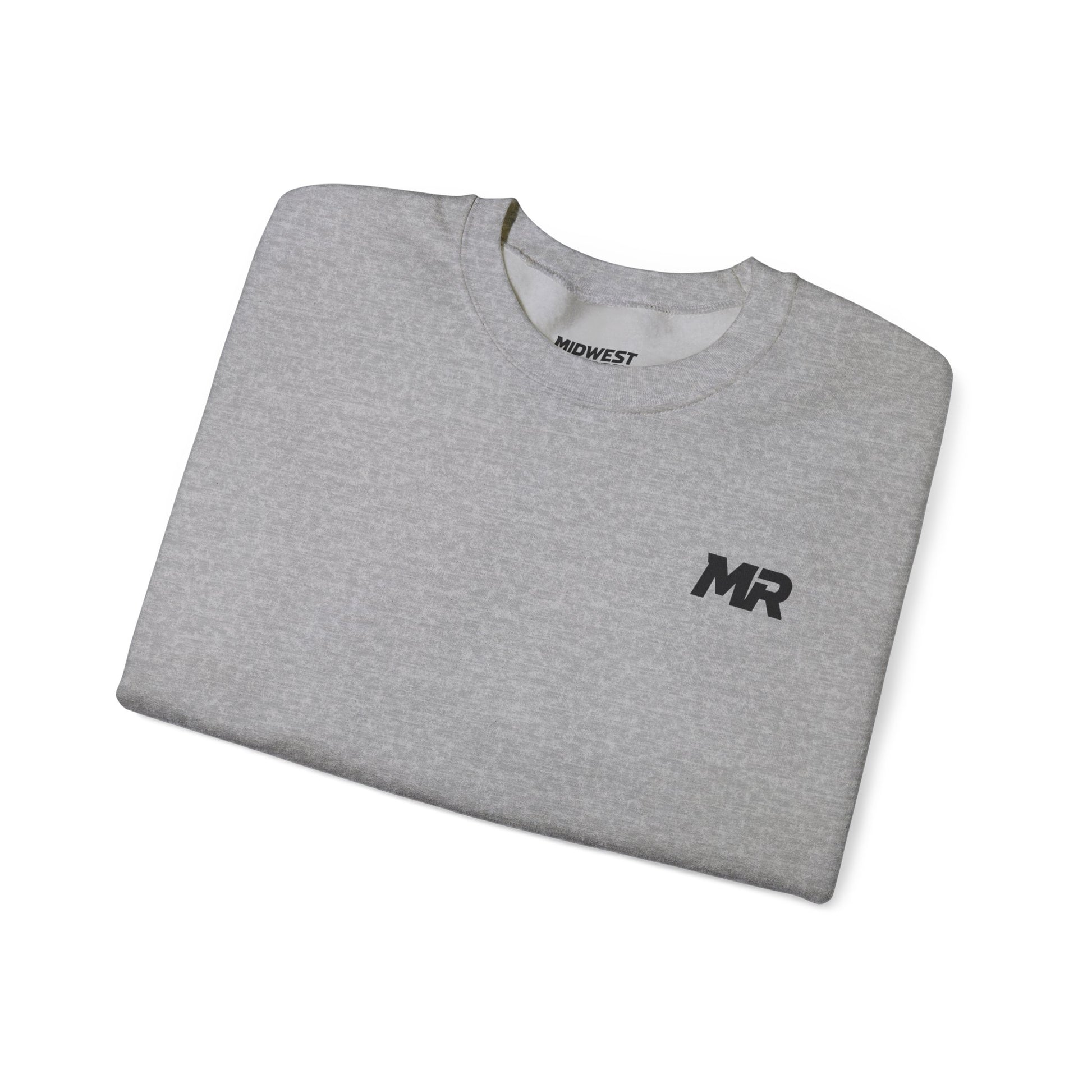 Folded gray t-shirt with 'MR' text on a white background