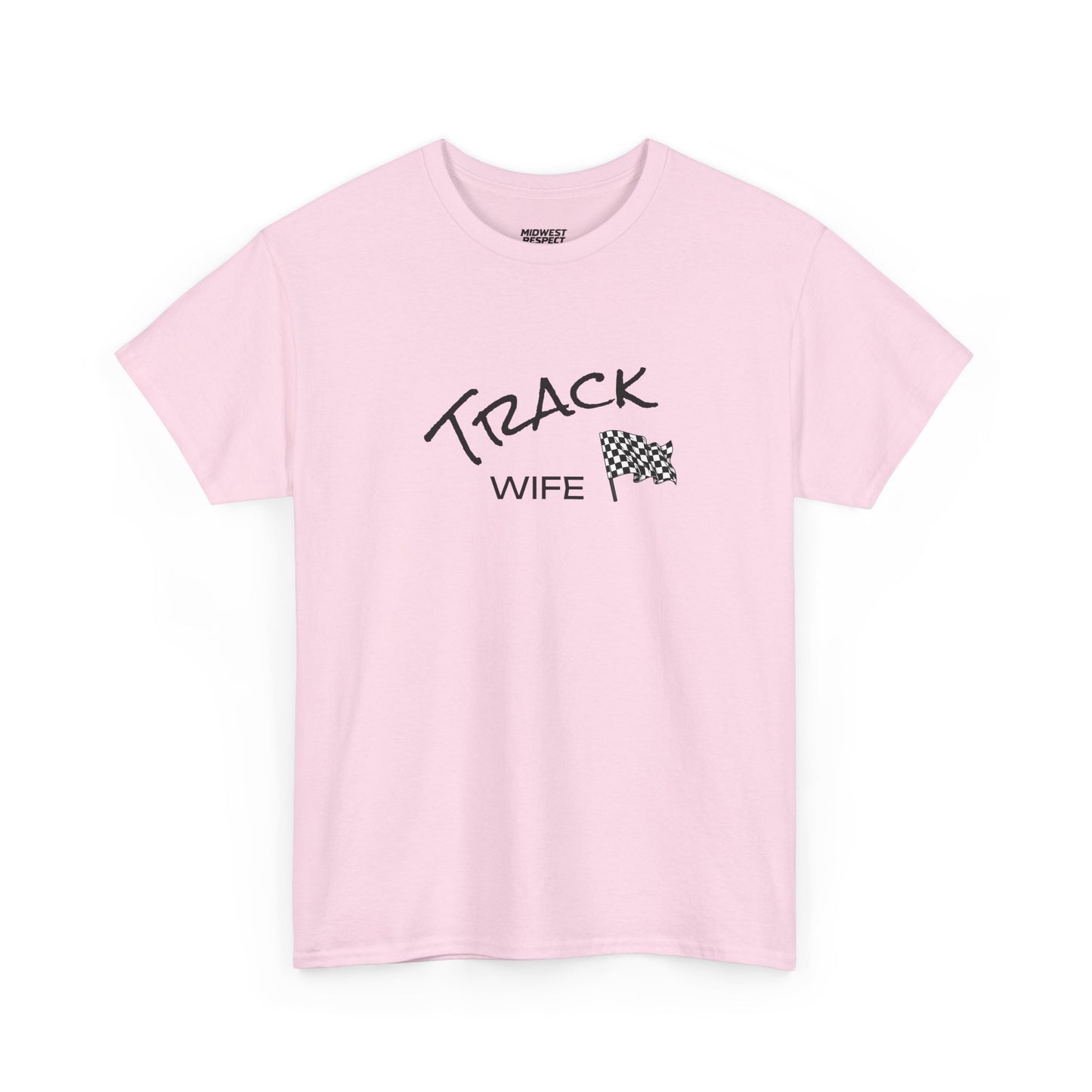 Pink t-shirt with 'Track Wife' text and checkered flag graphic on a white background
