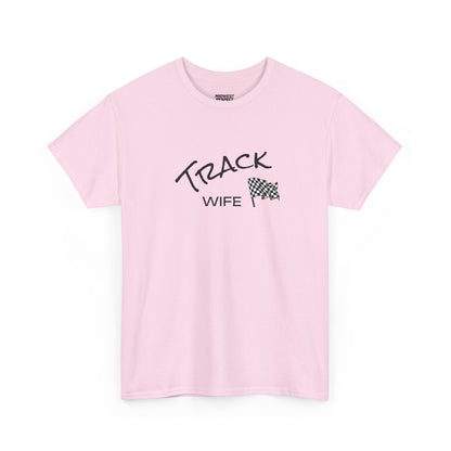 Pink t-shirt with 'Track Wife' text and checkered flag graphic on a white background