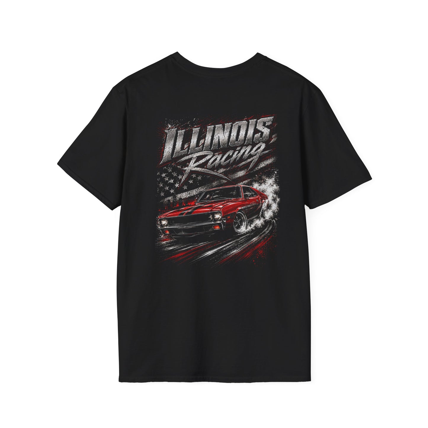 Black t-shirt with 'Illinois Racing' muscle car design on a white background