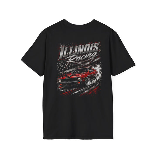 Black t-shirt with 'Illinois Racing' muscle car design on a white background