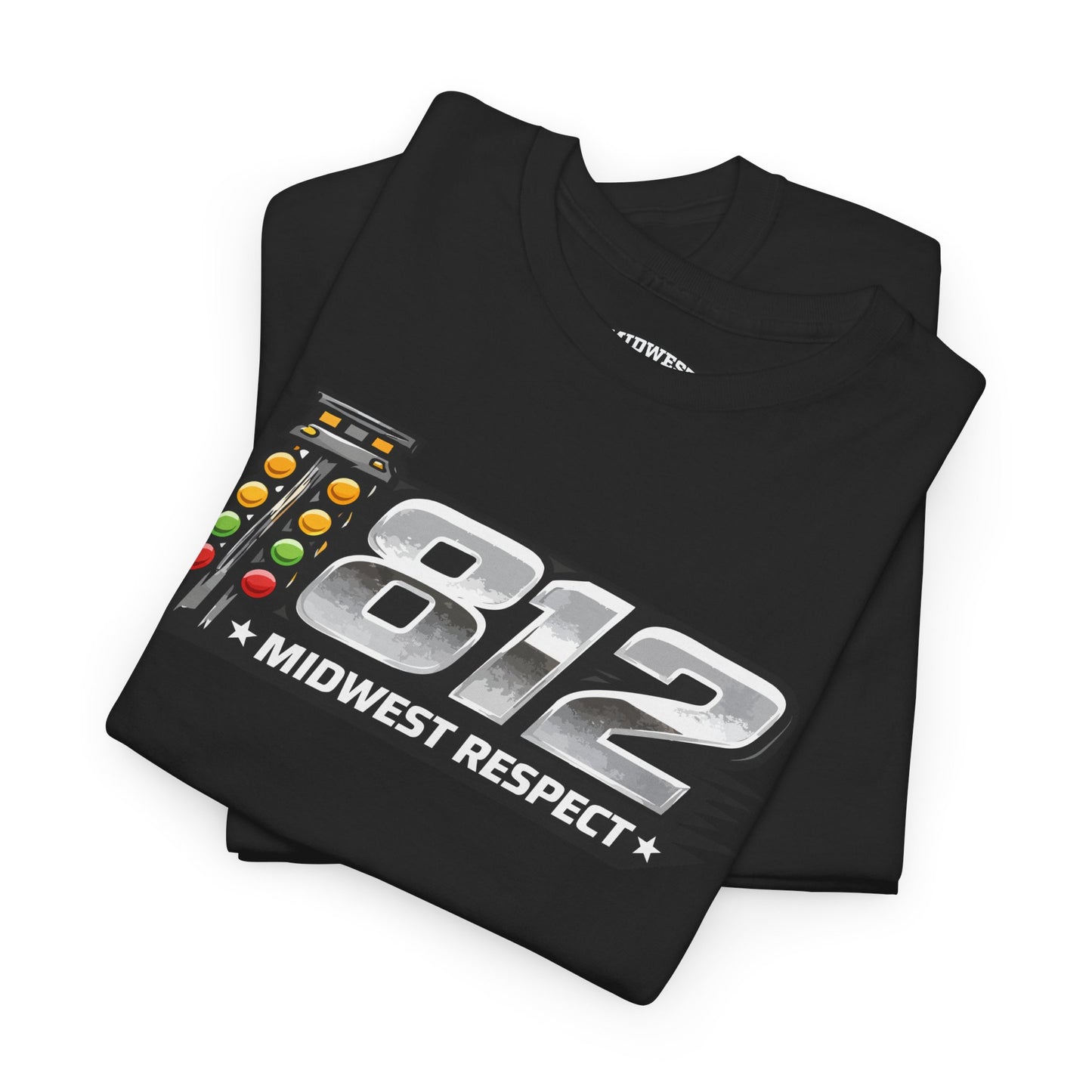 Black t-shirt with '812 Midwest Respect' design on a white background