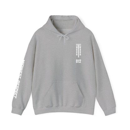 Gray hoodie with white text and numbers on a white background