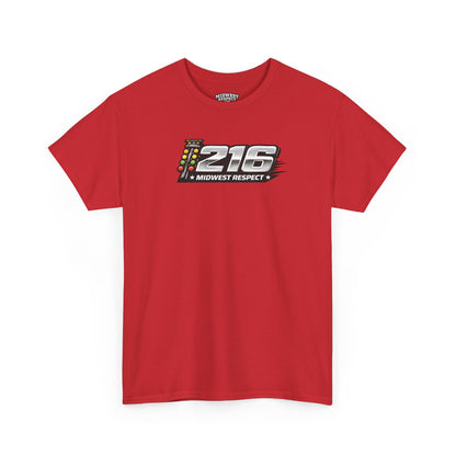 Red t-shirt with '216 Midwest Respect' graphic on a white background