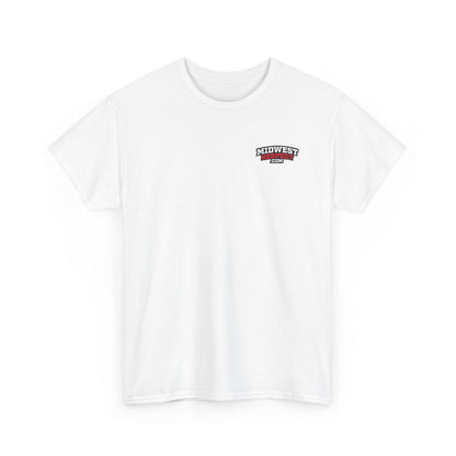 White t-shirt with a small logo on the chest against a white background