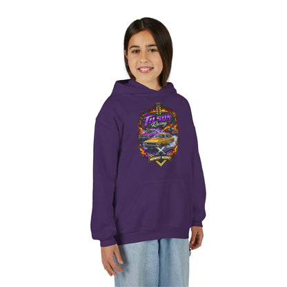 Person wearing a purple hoodie with a graphic design on a white background