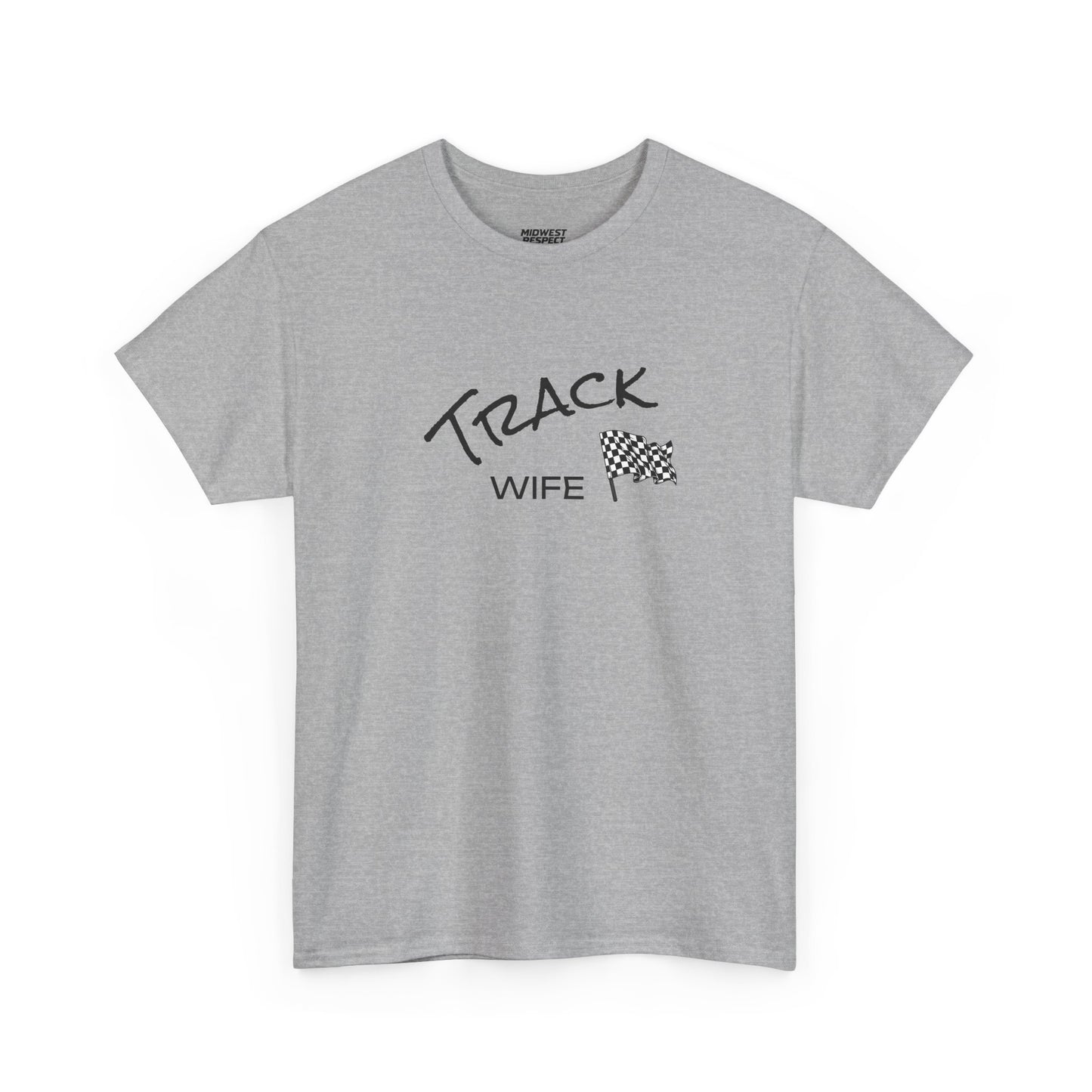 Gray t-shirt with 'Track Wife' text and checkered flag design on a white background