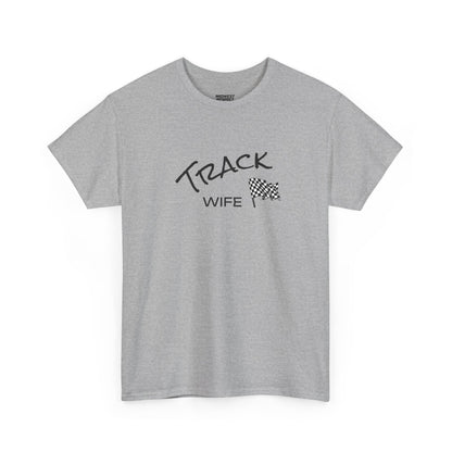 Gray t-shirt with 'Track Wife' text and checkered flag design on a white background