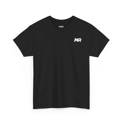 Black t-shirt with 'MR' logo on a white background