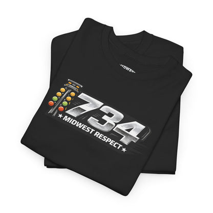 Black t-shirt with '734 Midwest Respect' design on a white background