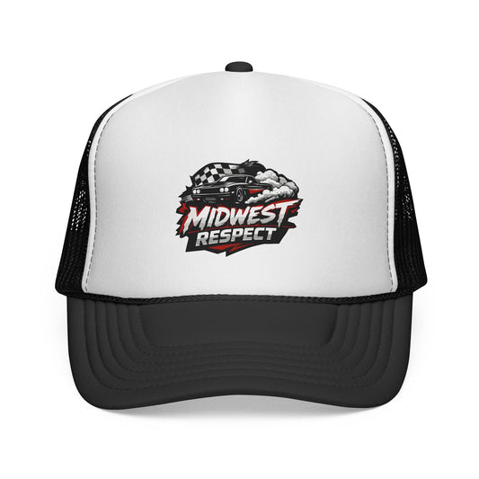 Trucker hat with 'Midwest Respect' logo featuring a car on a white background