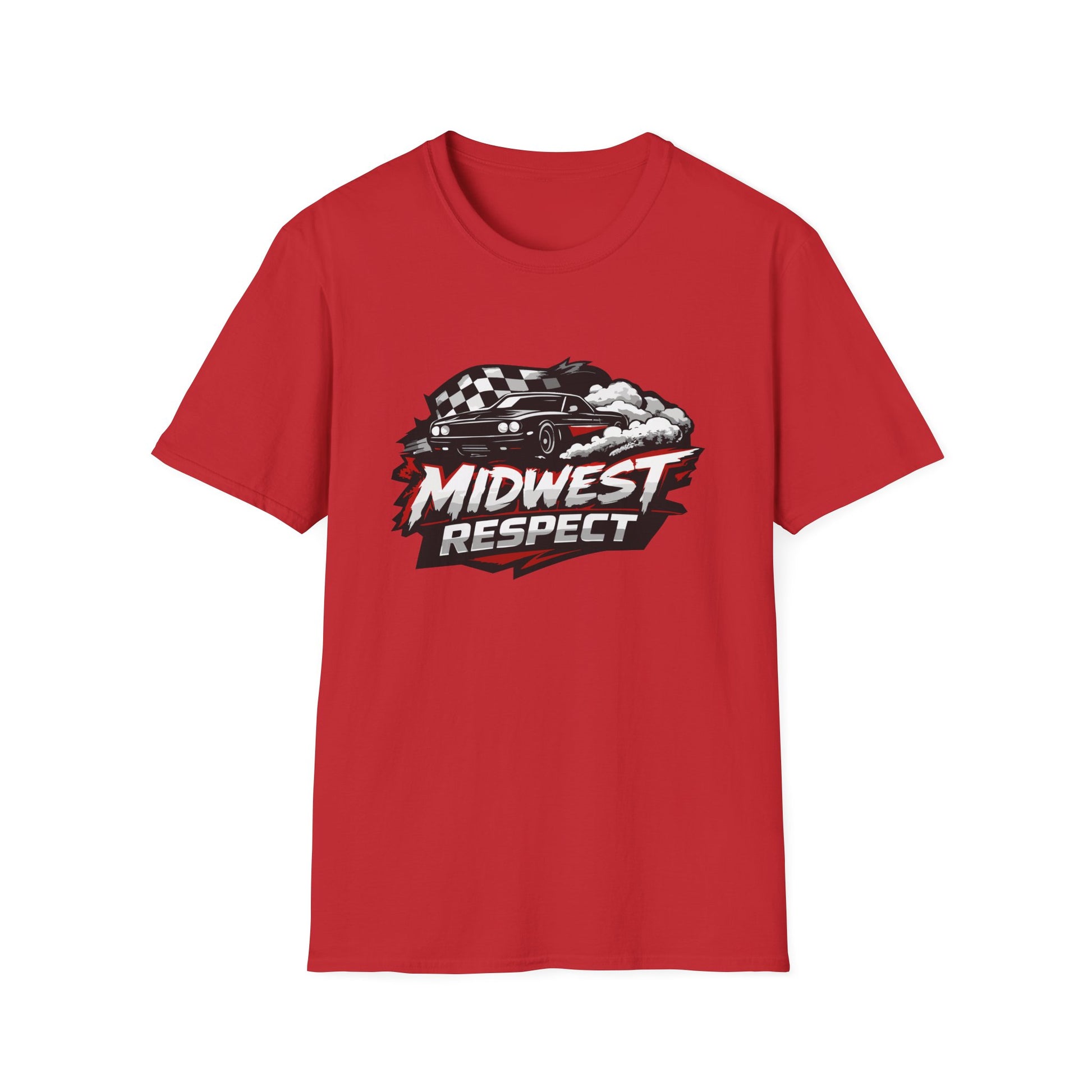 Red t-shirt with 'Midwest Respect' graphic design on a white background