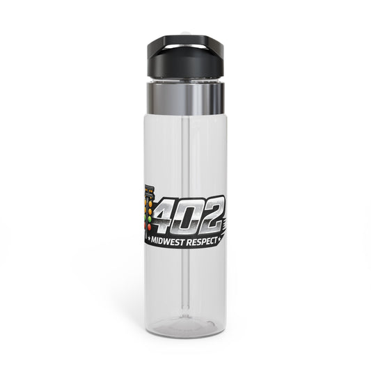 Clear water bottle with black cap and 402 Midwest Respect label on a white background