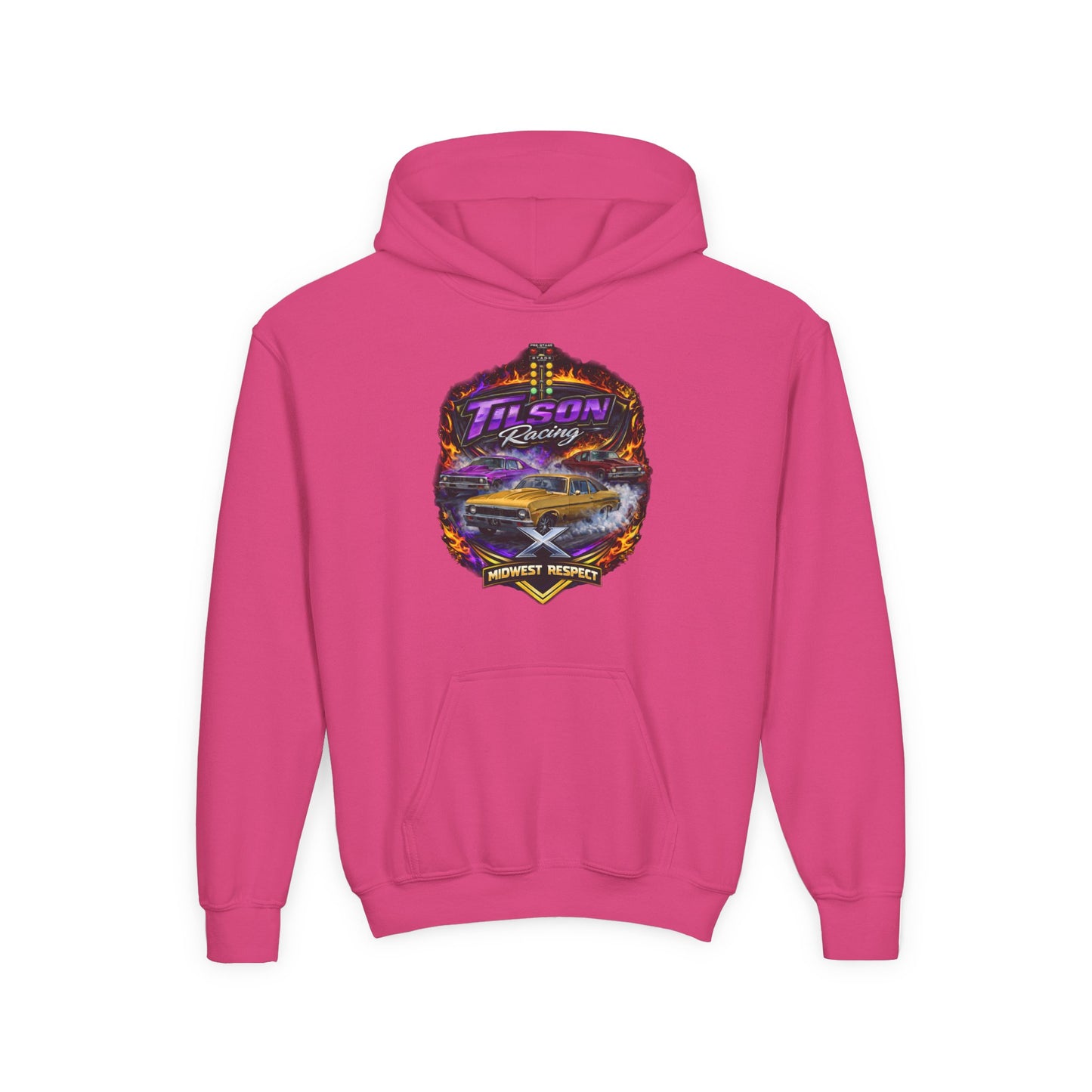 Pink hoodie with a colorful graphic design on the chest against a white background