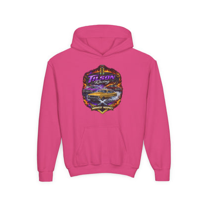 Pink hoodie with a colorful graphic design on the chest against a white background