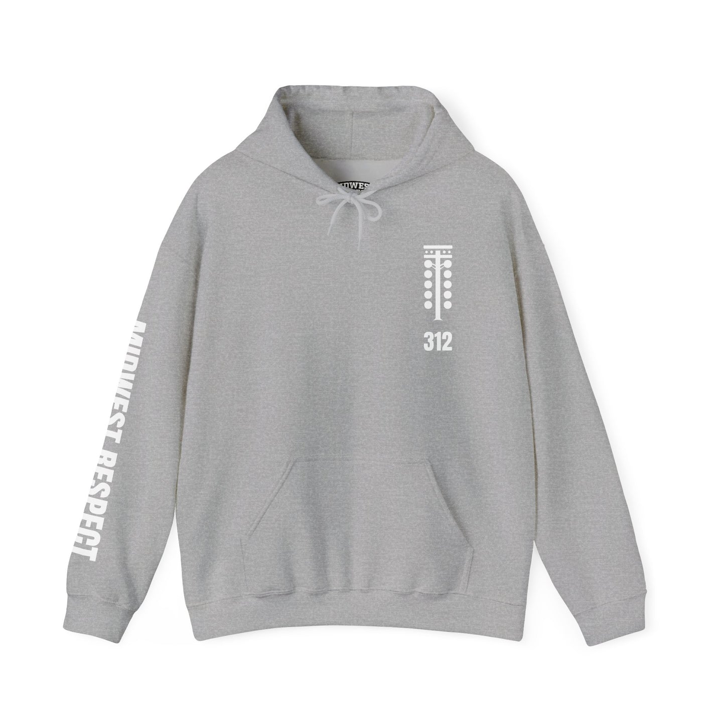 Gray hoodie with white text and logo on a white background