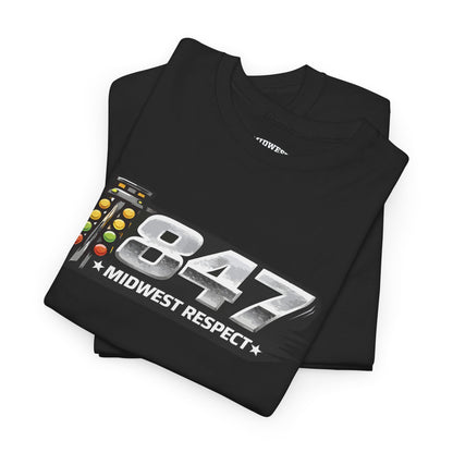 Black t-shirt with '847 Midwest Respect' design on a white background