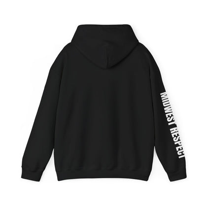 Black hoodie with 'Midwest Respect' text on sleeve against a white background