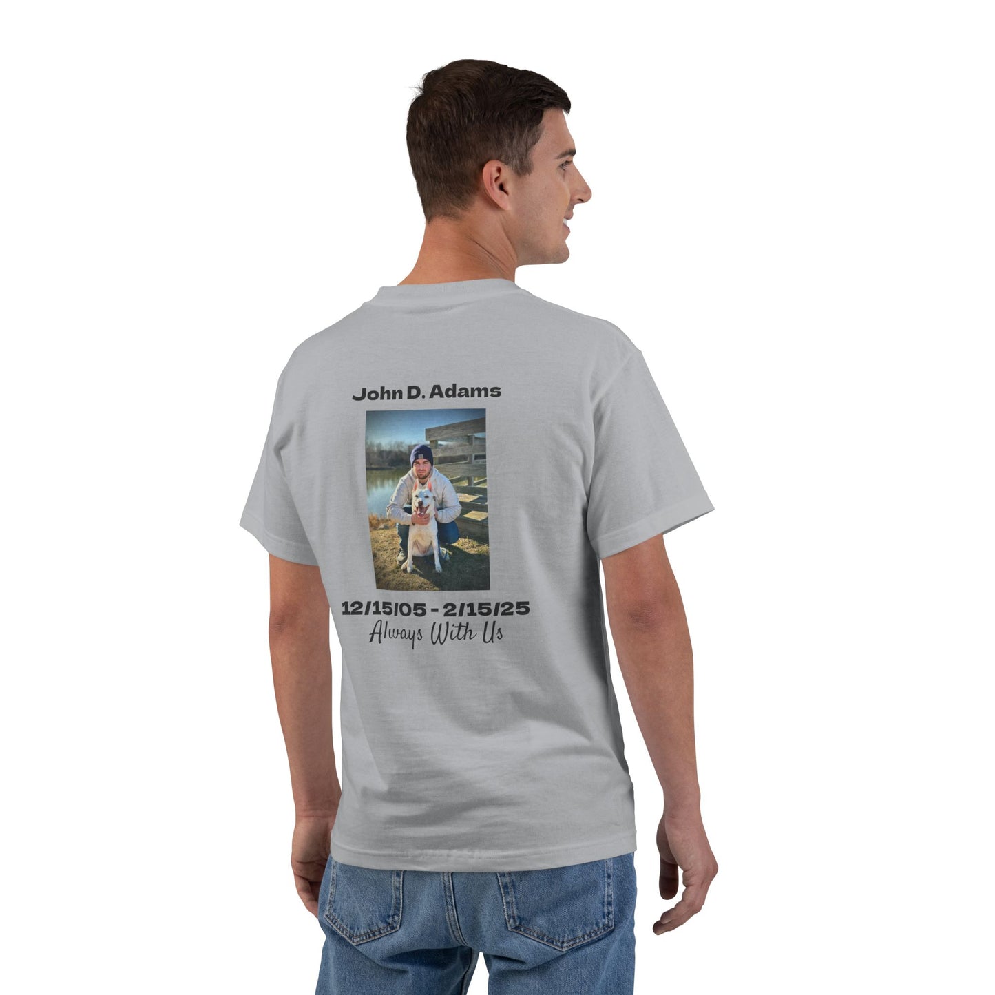 Man wearing a gray t-shirt with text and checkered flag design on the back, on a white background