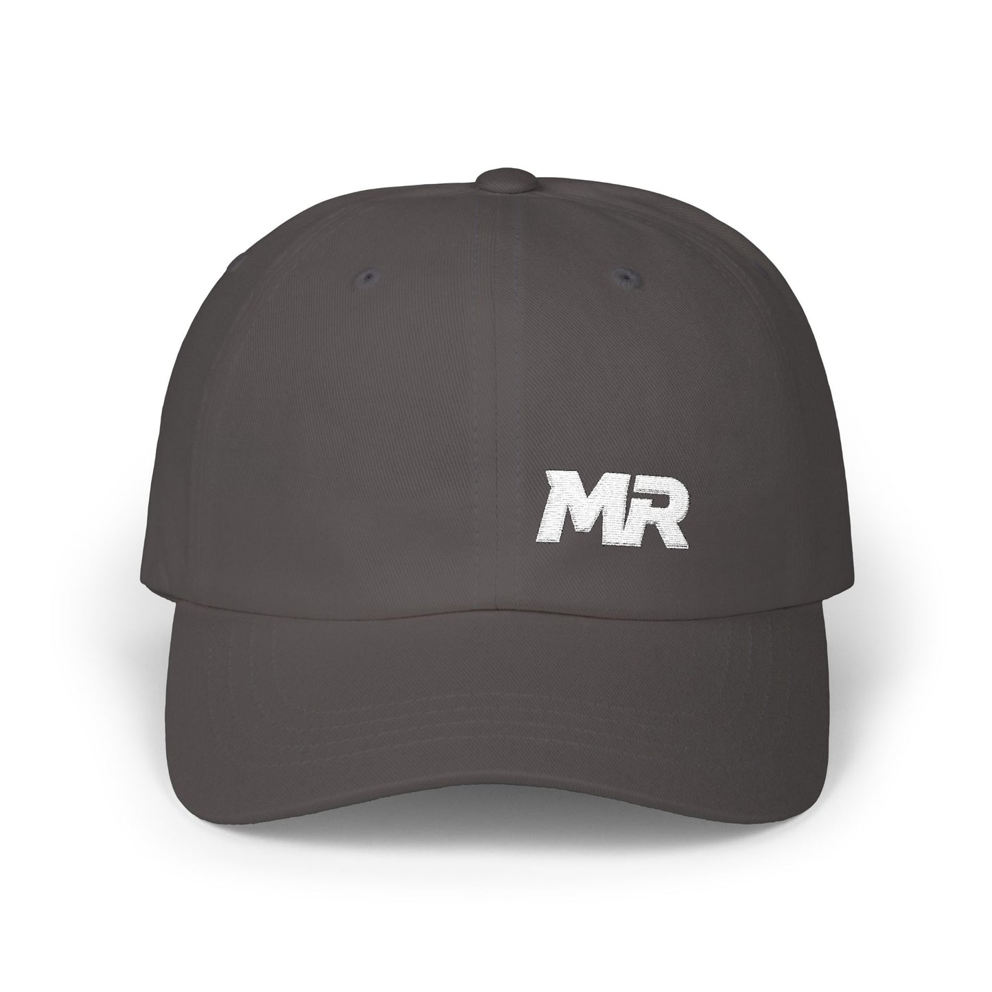 Black cap with 'MR' logo on a white background