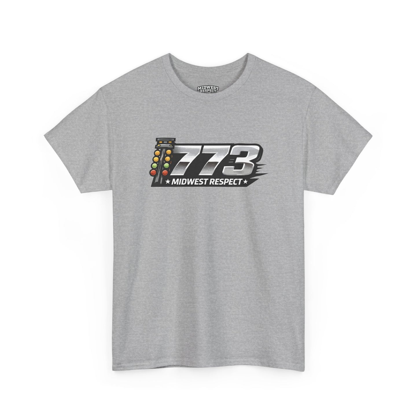 Gray t-shirt with '773 Midwest Respect' graphic on a white background