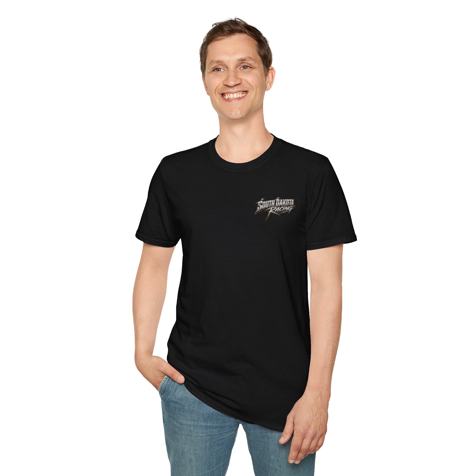 Man wearing a black t-shirt with a logo on a white background