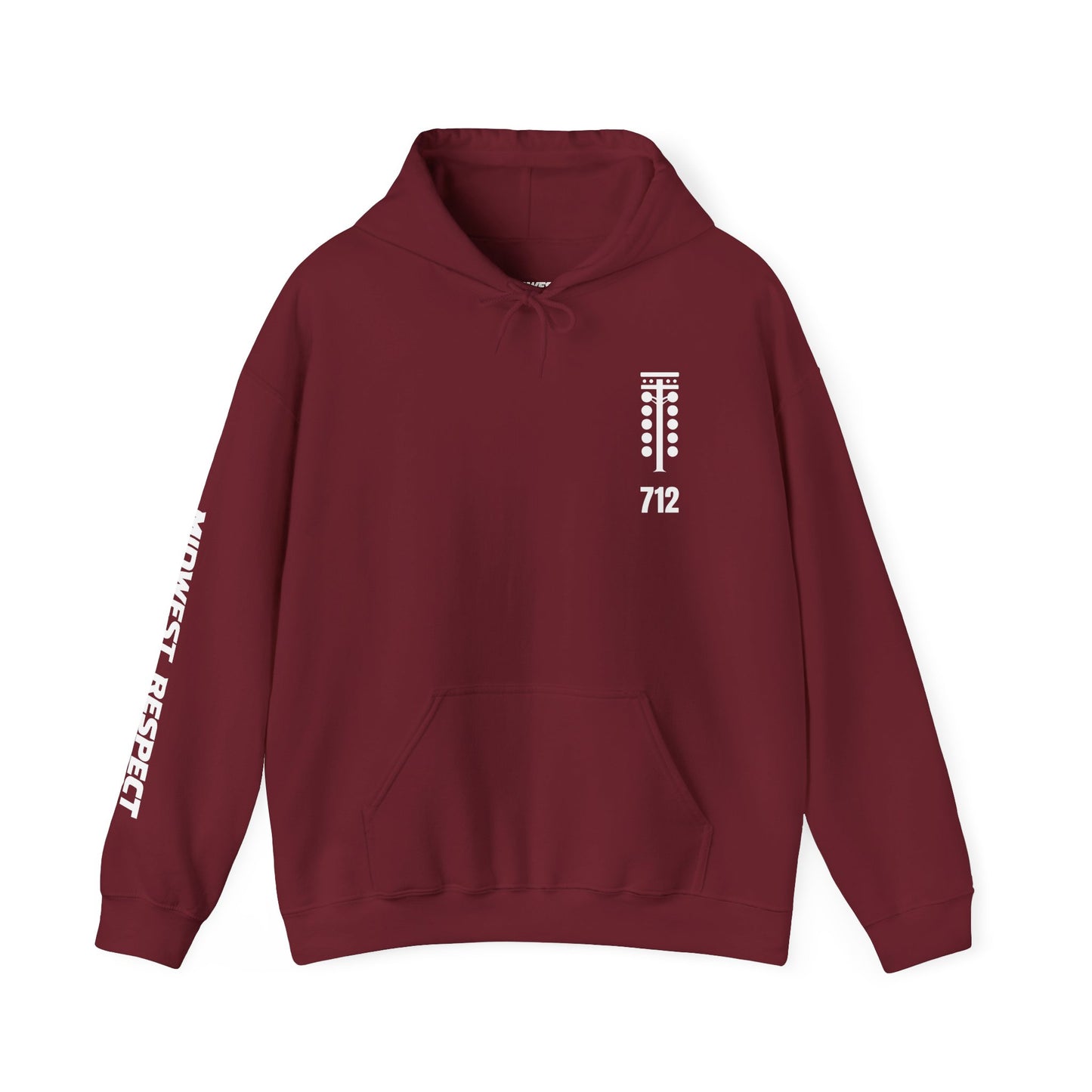 Maroon hoodie with white graphics on a white background