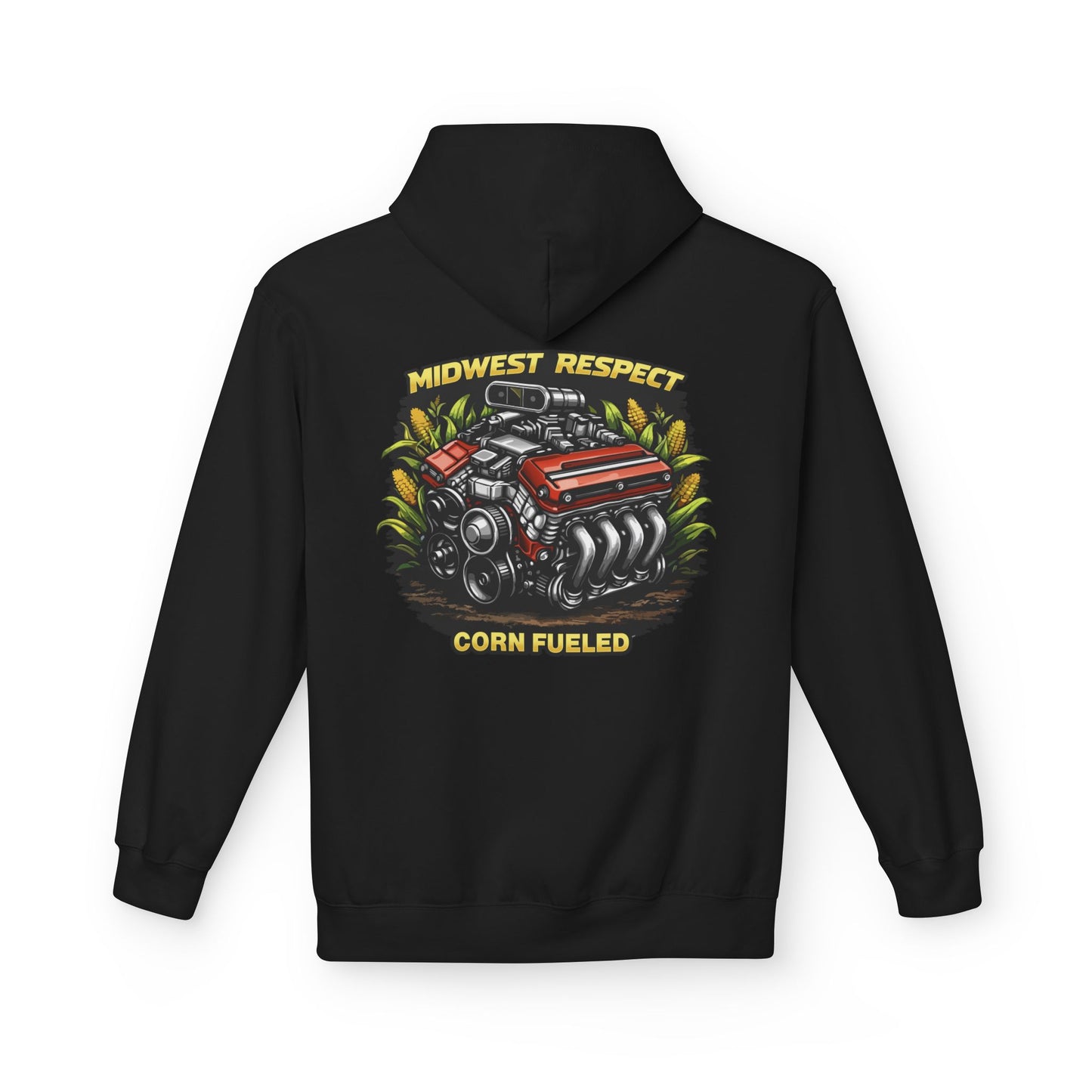 Black hoodie with a graphic of a engine and 'Midwest Respect Corn Fueled' text on the back, on a white background.
