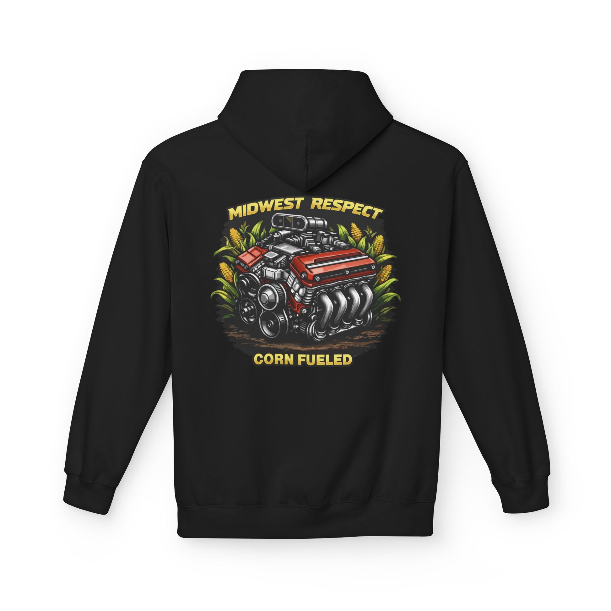 Black hoodie with a graphic of a engine and 'Midwest Respect Corn Fueled' text on the back, on a white background.