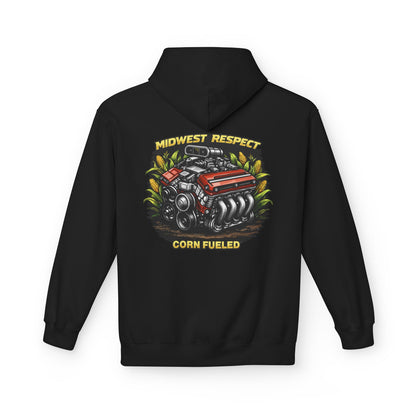Black hoodie with a graphic of a engine and 'Midwest Respect Corn Fueled' text on the back, on a white background.