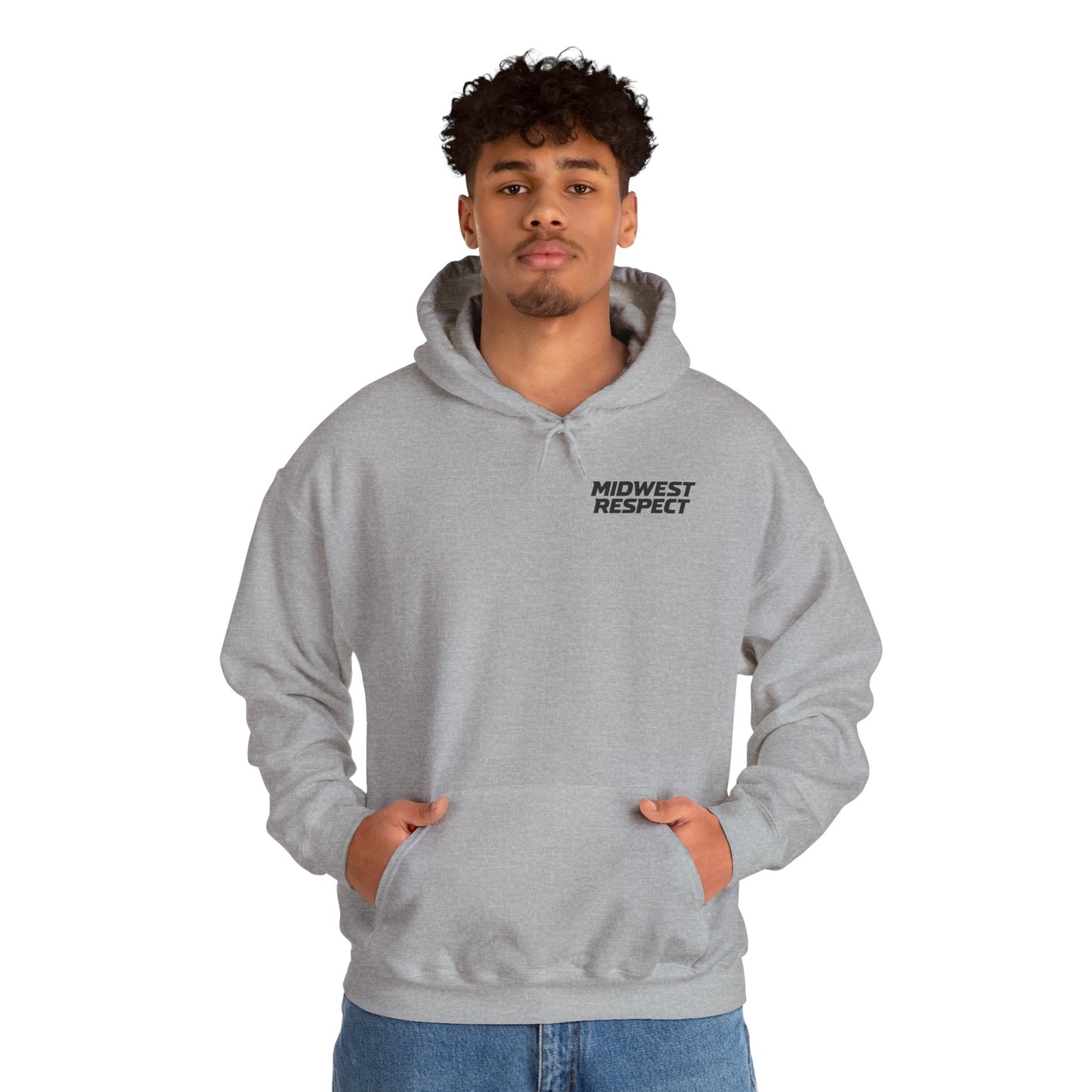Person wearing a gray hoodie with 'Midwest Respect' text on a white background