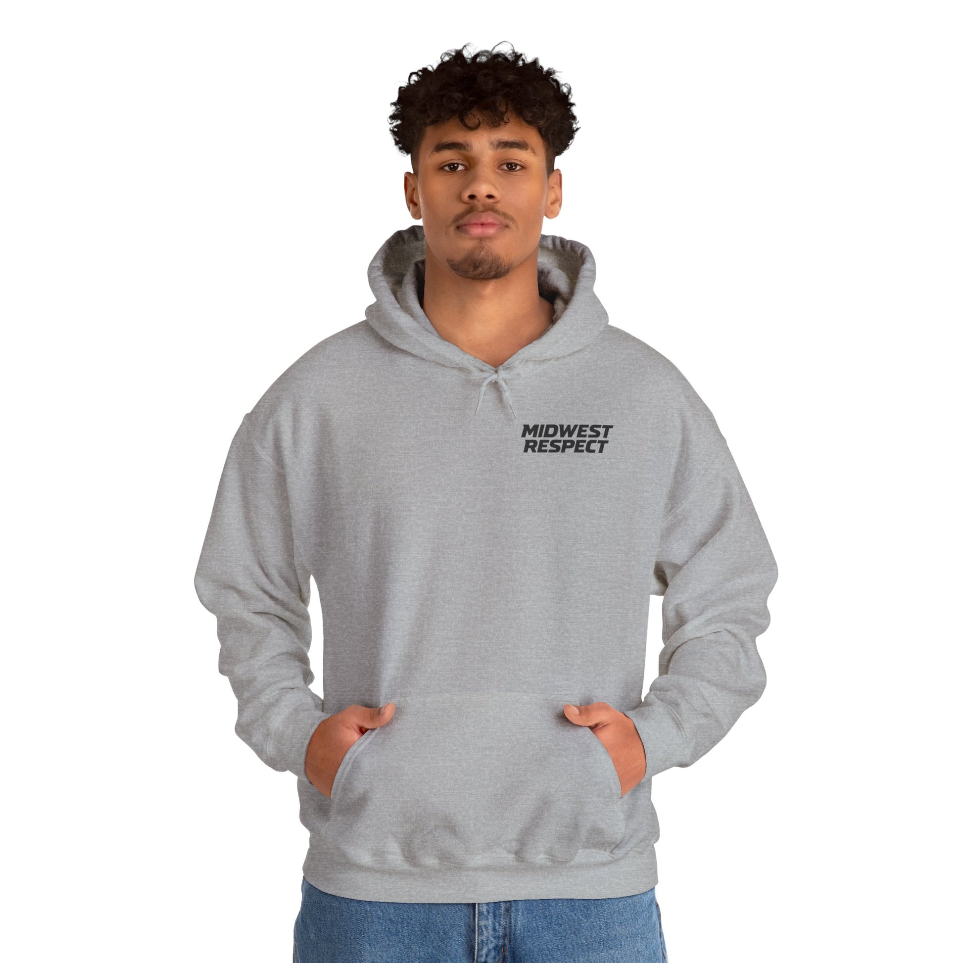 Person wearing a gray hoodie with 'Midwest Respect' text on a white background