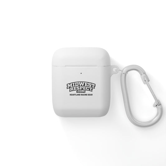 White air pod case with carabiner and 'Midwest Respect' logo on a white background